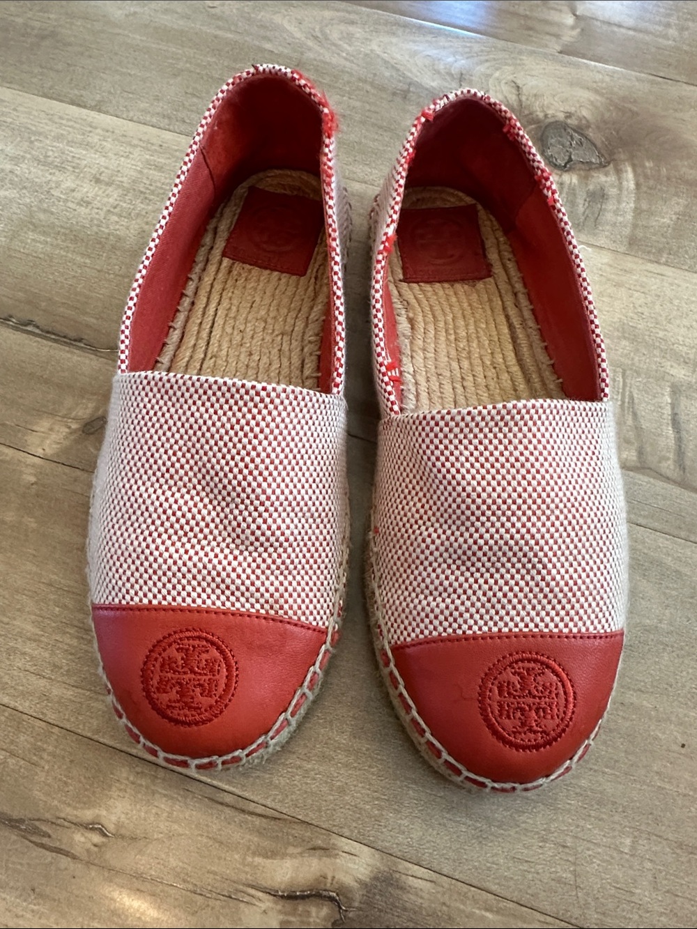 Tory Burch Coral and White Woven Espadrille Slip-Ons